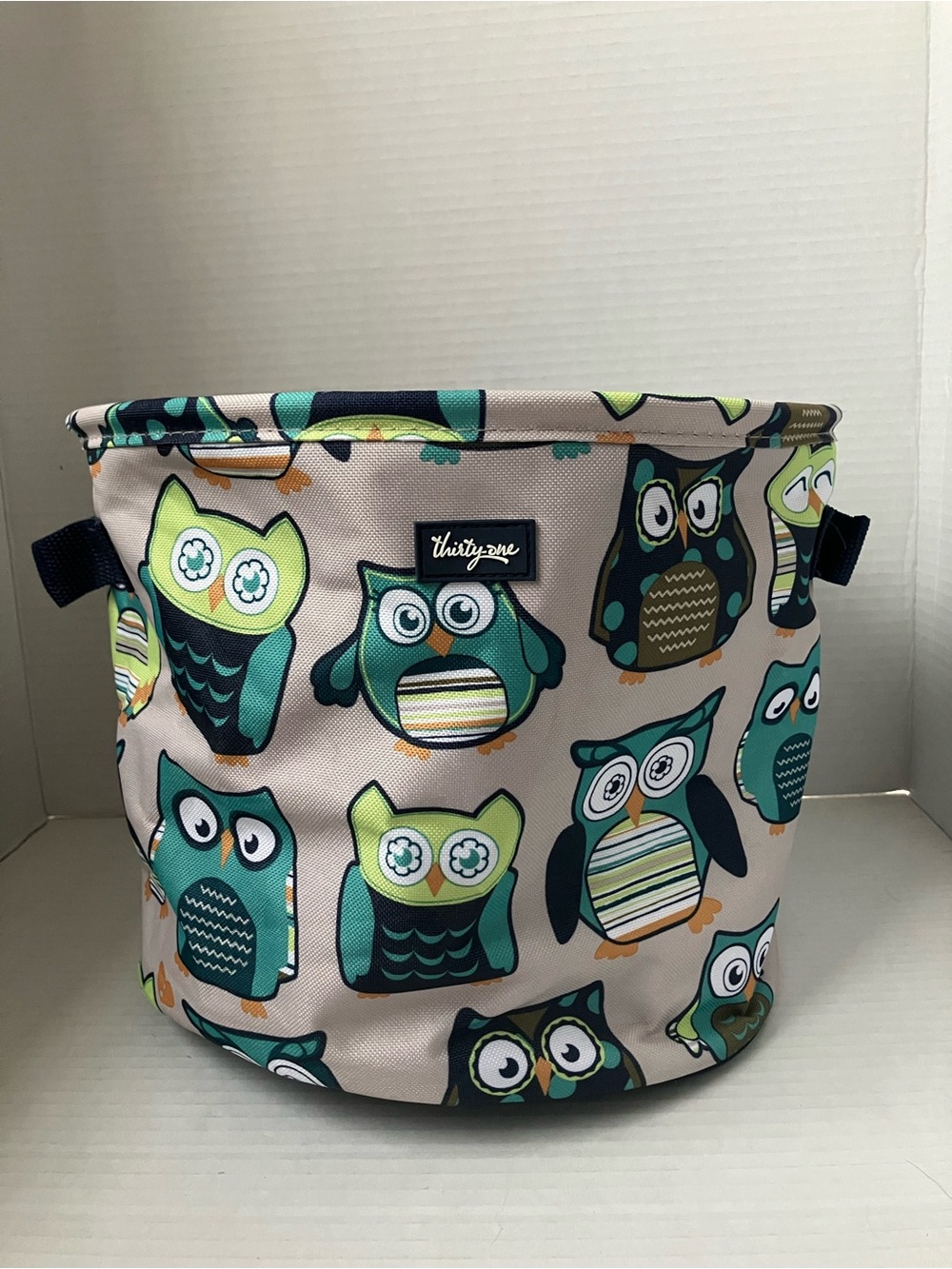 thirty-one Owl Pattern Storage Bin Cinch Drawstring Teal, Green & Navy